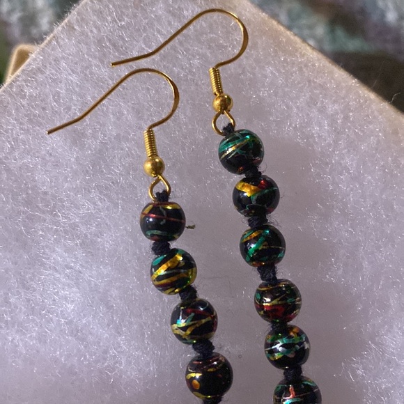 Rasta Theme Hand Crafted Macrame Style Beaded Fringe Gold Toned Dangle Earrings - Picture 6 of 9